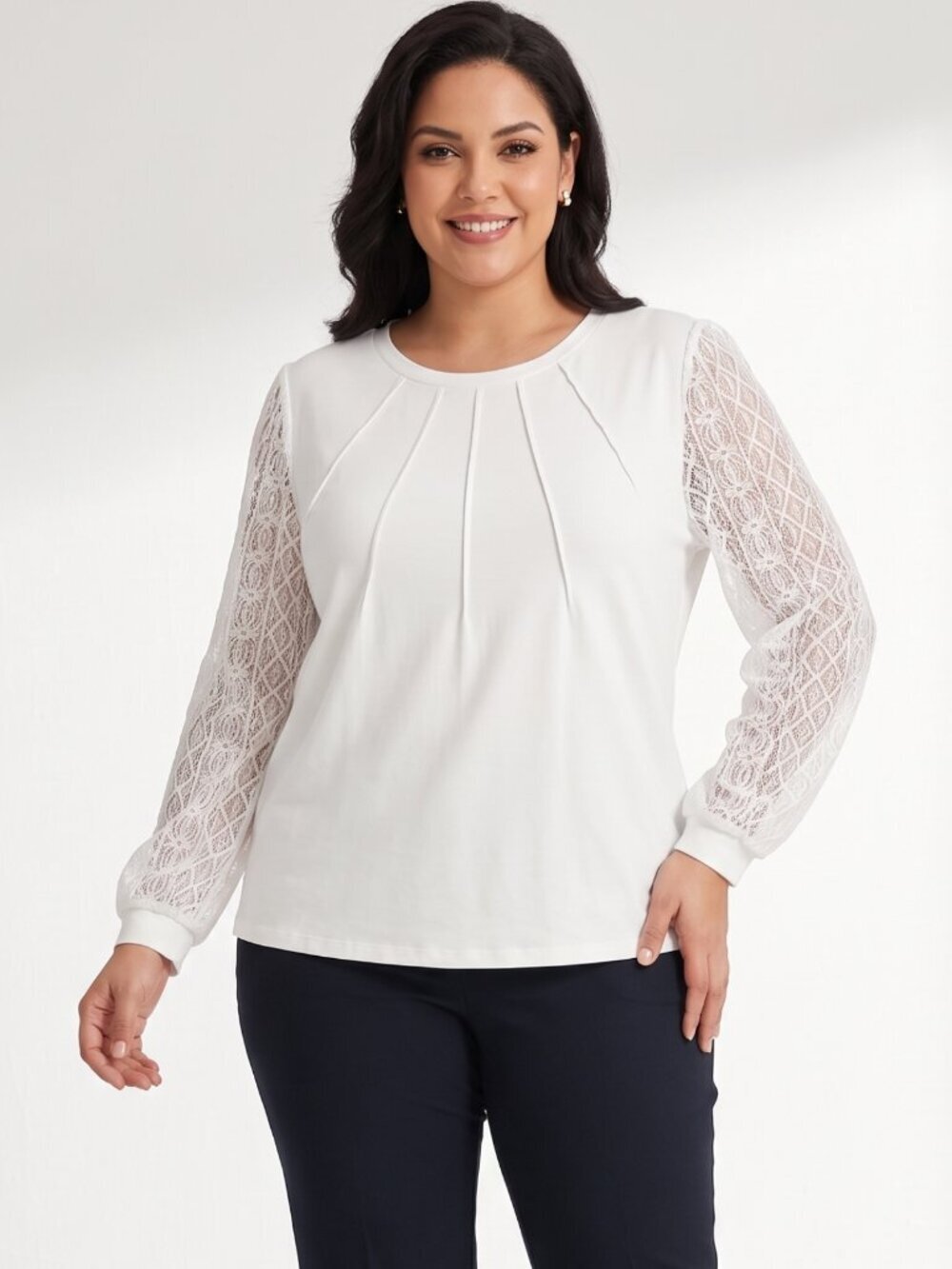 NWT | VALOLIA Ivory Lace Sleeve Pintuck Top Pink Contrast Stitching | XXL